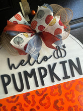 Load image into Gallery viewer, Hello Pumpkin Round Door Hanger - Hello Fall Pumpkin Decor  -  Fall Door Hanger - Pumpkin Wreath - DoorBadges
