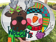 Load image into Gallery viewer, Reindeer and Santa door hanger, Winter Christmas Snow wood cut out hand painted door hanger - DoorBadges