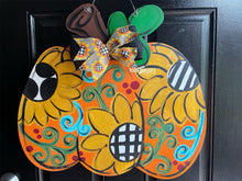 Load image into Gallery viewer, Sunflower Fall Pumpkin Door Hanger - Fall - Autumn - harvest - Thanksgiving -  pumpkin - thankful - cut out hand painted door hanger - DoorBadges
