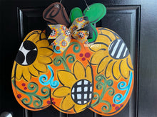 Load image into Gallery viewer, Sunflower Fall Pumpkin Door Hanger - Fall - Autumn - harvest - Thanksgiving -  pumpkin - thankful - cut out hand painted door hanger - DoorBadges