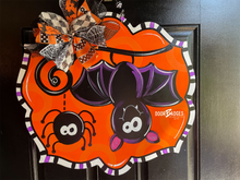 Load image into Gallery viewer, Halloween Bat and Spider Door Hanger- Witch Door Decor-Spooky-Fall-Wreath-wood cut out-hand painted door hanger - DoorBadges