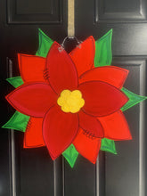 Load image into Gallery viewer, Poinsettia door hanger, Winter Christmas flower wood cut out hand painted door hanger - DoorBadges