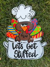 Load image into Gallery viewer, Turkey in a Pot Door Hanger - Fall - Autumn - harvest - Thanksgiving - wood cut out hand painted door hanger - DoorBadges