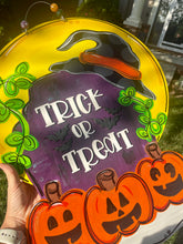 Load image into Gallery viewer, Trick or Treat Tombstone Door Hanger- Ghost Door Decor-Spooky-Fall-Wreath-wood cut out-hand painted door hanger - DoorBadges