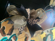 Load image into Gallery viewer, Pumpkin Leopard Door Hanger, Leopard Print - Fall - Autumn - harvest - Thanksgiving -  pumpkin - wood cut out hand painted door hanger - DoorBadges