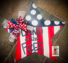 Load image into Gallery viewer, Home of the Brave Star wood cut out hand painted door hanger - DoorBadges