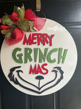 Load image into Gallery viewer, Merry Grinchmas Round door hanger, Winter Christmas Snow  wood cut out hand painted door hanger - DoorBadges