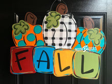 Load image into Gallery viewer, Fall Three Pumpkin Door Hanger - Fall - Autumn - harvest - Thanksgiving -  pumpkin - cut out hand painted door hanger - DoorBadges