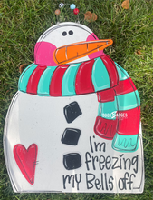 Load image into Gallery viewer, Christmas Snowman Freezing Door Hanger - Snowman Gift -  Holiday Winter Door Decor - DoorBadges