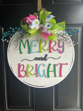 Load image into Gallery viewer, Merry & Bright Round door hanger, Winter Christmas Snow hand painted door hanger - DoorBadges