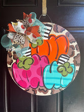 Load image into Gallery viewer, Funky Fall Pumpkin Trio Door Hanger - Leopard - Fall - Autumn - harvest - Thanksgiving -  pumpkin - thankful - cut out hand painted door hanger - DoorBadges