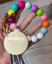 Load image into Gallery viewer, Wood/Silicone Bead Stretchy Keychain with Tassel and Engraved Charm | Custom Personalized Keychain | Bracelet Keychain Wristlet | Stocking Stuffer - DoorBadges
