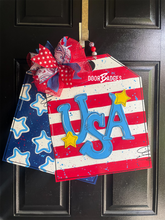 Load image into Gallery viewer, USA tag Doorhanger- Fourth of July Door Hanger - Patriotic door Decor - hand painted door hanger - DoorBadges