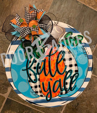 Load image into Gallery viewer, Fall Pumpkin Door Hanger - Blue - Fall - Autumn - harvest - Thanksgiving -  pumpkin - thankful - cut out hand painted door hanger - DoorBadges