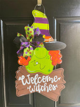 Load image into Gallery viewer, Halloween Witchy Woman Door Hanger- Witch Door Decor-Spooky-Fall-Wreath-wood cut out-hand painted door hanger - DoorBadges