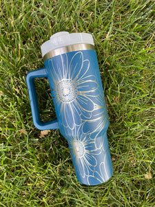 40oz Stanley Dupe Tumblers Full Daisy Wrap Engrave with handle and straw