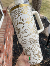 Load image into Gallery viewer, 40oz Tumblers Full Doodle Flower Wrap Engrave with handle and straw
