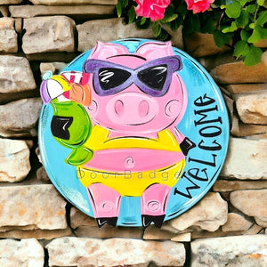 Welcome pig on a float summer Door Hanger