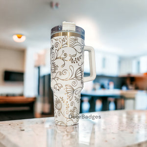40oz Tumblers Full Doodle Flower Wrap Engrave with handle and straw