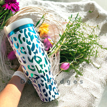 Load image into Gallery viewer, 40oz Cheetah Engraved Rainbow Tumblers Full Wrap with handle and straw
