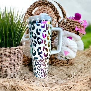 40oz Cheetah Engraved Rainbow Tumblers Full Wrap with handle and straw