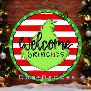 Welcome Grinches Round door hanger, Winter Christmas Snow door hanger