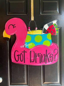 Flamingo Drink door hanger  -  Summer door decor - hand painted personalized door hanger