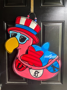 Flamingo Float door hanger  -  Summer door decor - hand painted personalized door hanger