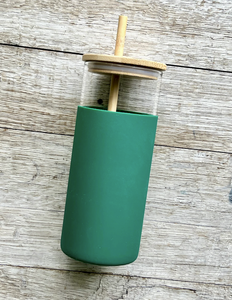 Glass Tumbler with Silicone Sleeve with Bamboo Lid and Straw