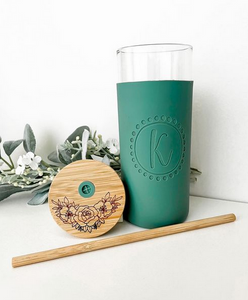 Glass Tumbler with Silicone Sleeve with Bamboo Lid and Straw