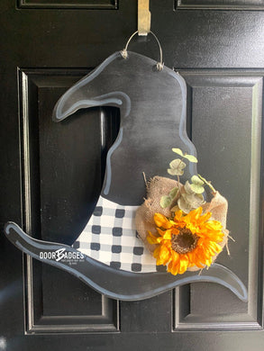 Halloween Farmhouse Witch Hat  Door Hanger- Witch Door Decor-Spooky-Fall-Wreath-wood cut out-hand painted door hanger - DoorBadges