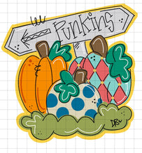 Load image into Gallery viewer, Pumpkin Trio with Sign Door Hanger, Thanksgiving door hanger, autumn door hanger, pumpkin decor, happy harvest, custom door hanger, fall, burlap - DoorBadges
