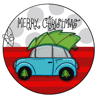 Christmas Car with Tree Round Door Hanger - Christmas Gift -  Holiday Winter Door Decor - DoorBadges