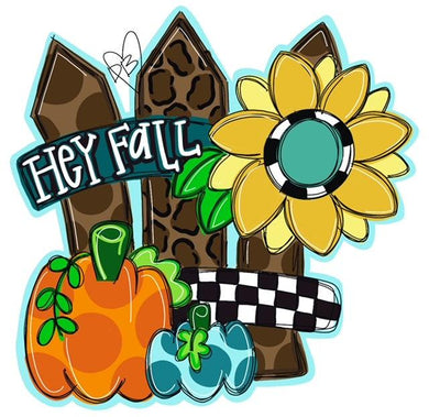 Hey Fall Sunflower Fence Door Hanger - Pumpkin Decor  -  Fall Door Hanger - Pumpkin Wreath - DoorBadges
