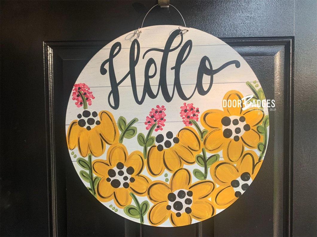 Hello Daisy Summer Door Hanger - Daisy door Decor -  hand painted personalized door hanger - DoorBadges