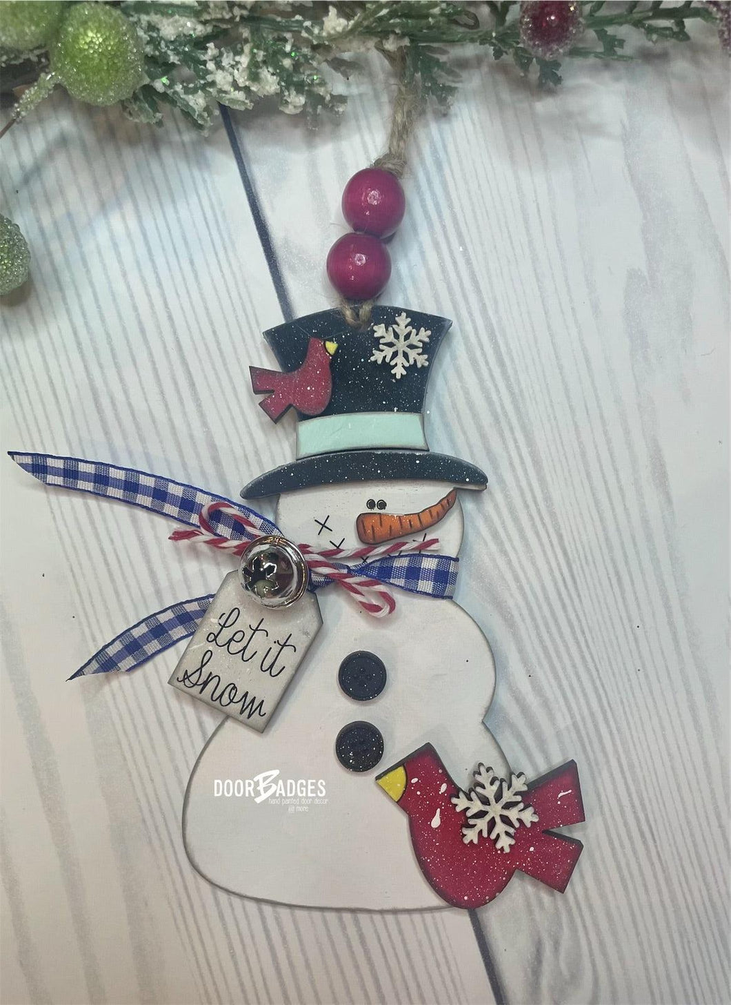 Snowman Christmas Ornament - Let it Snow Wooden Ornament - DoorBadges