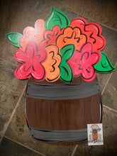Load image into Gallery viewer, Flowers in Barrel door hanger, spring - summer flower wood cut out hand painted door hanger - DoorBadges
