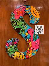 Load image into Gallery viewer, Summer Decorative Letter, Monogram Letter, Chevron, leopard print, Door Decor, Flower Wreath, wood cut out hand painted door hanger - DoorBadges
