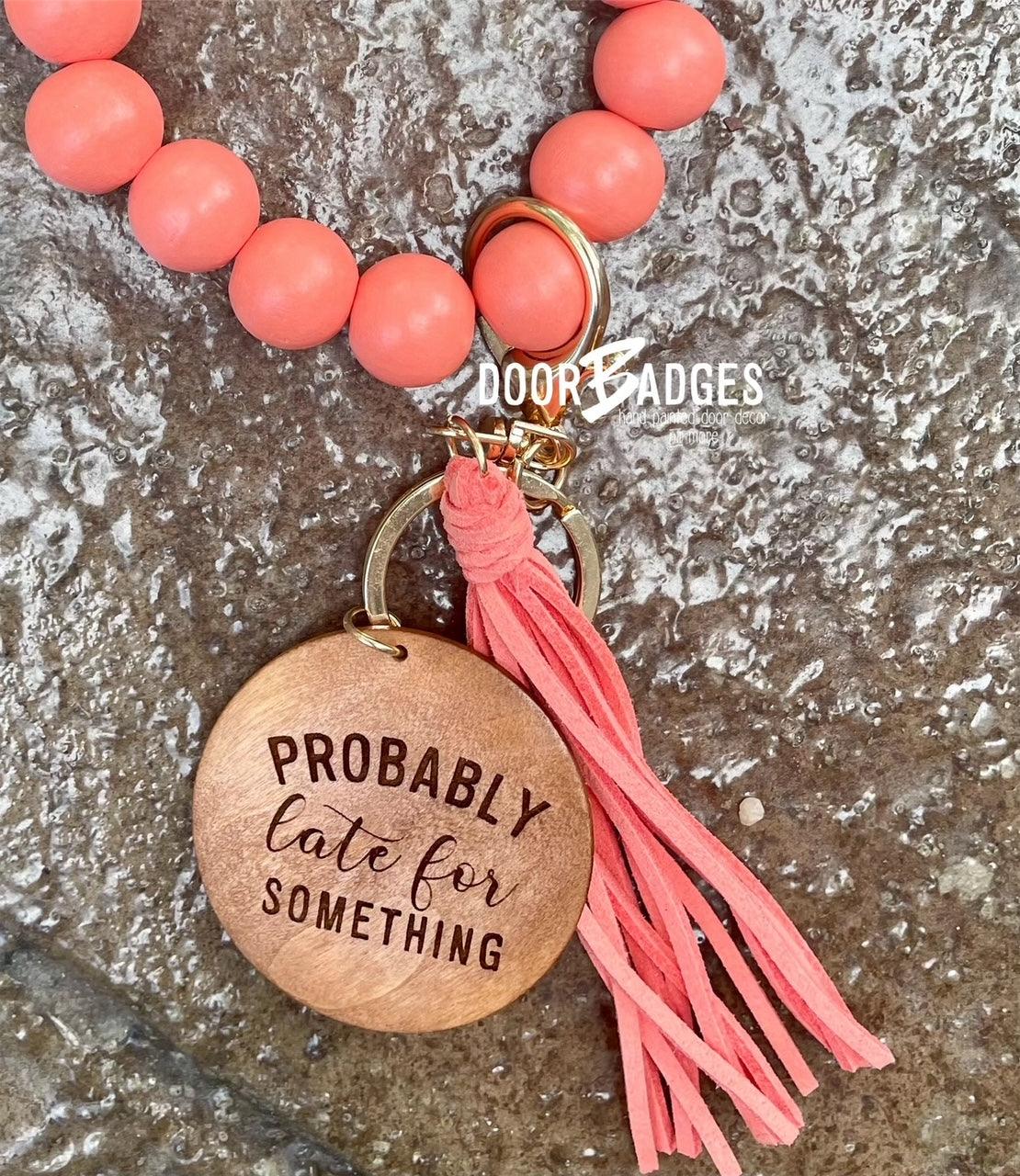 Wood/Silicone Bead Stretchy Keychain with Tassel and Engraved