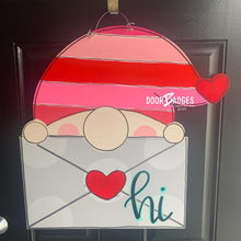 Load image into Gallery viewer, Valentines Love Gnome Door Hanger - Valentines Day door Decor - Gnome Love wreath - love hand painted personalized door hanger - DoorBadges
