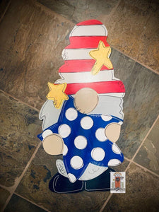 Gnome 4th of July Door Hanger - Patriotic- Red White Blue wood cut out hand painted personalized door hanger - DoorBadges