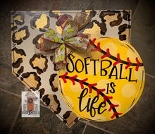 Load image into Gallery viewer, Home Plate Baseball/Softball with Leopard Print Door Hanger - DoorBadges
