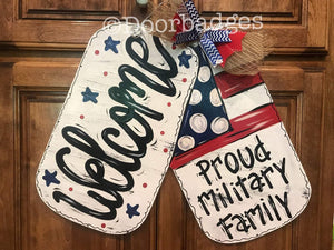 Military - Dogtags - Flag -USA wood cut out hand painted door hanger - DoorBadges