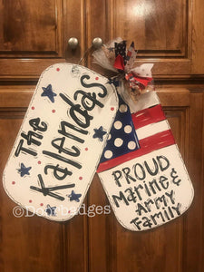 Military - Dogtags - Flag -USA wood cut out hand painted door hanger - DoorBadges
