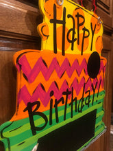Load image into Gallery viewer, Happy Birthday - Tiered Cake - Chalkboard - Bright colors - wood cut out hand painted door hanger - DoorBadges
