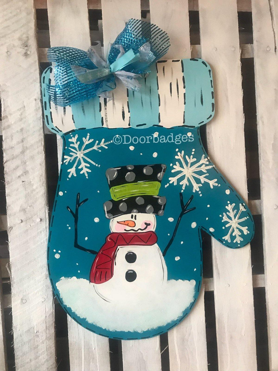 Christmas Mitten Door Hanger - Snowman Door Decoration -  Winter Door Decor - DoorBadges
