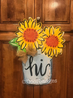 Sunflower Door Hanger - Mason Jar Decor -  Harvest Door Decor - Fall Flowers Mason Jar - Hand Painted - DoorBadges