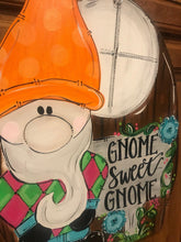 Load image into Gallery viewer, Spring Gnome Door Hanger - Home Sweet Home door Decor - Gnome Flowers wreath - Summer hand painted personalized door hanger - DoorBadges
