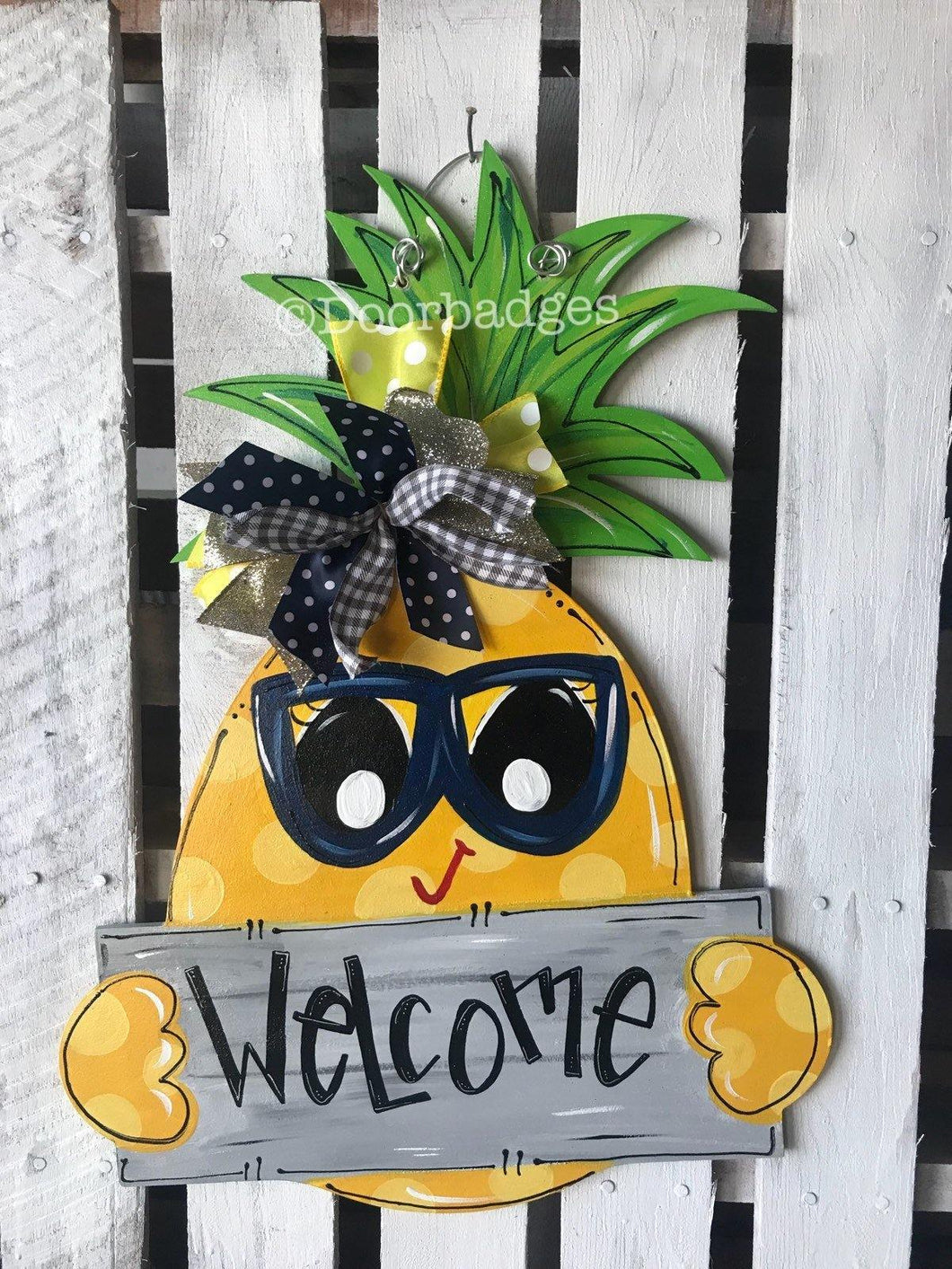Pineapple Door Hanger - sunglasses door Decor - welcome wreath - spring summer hand painted personalized door hanger - DoorBadges
