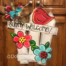 Load image into Gallery viewer, Spring Fence Flower door hanger, farmhouse fence, - DoorBadges
